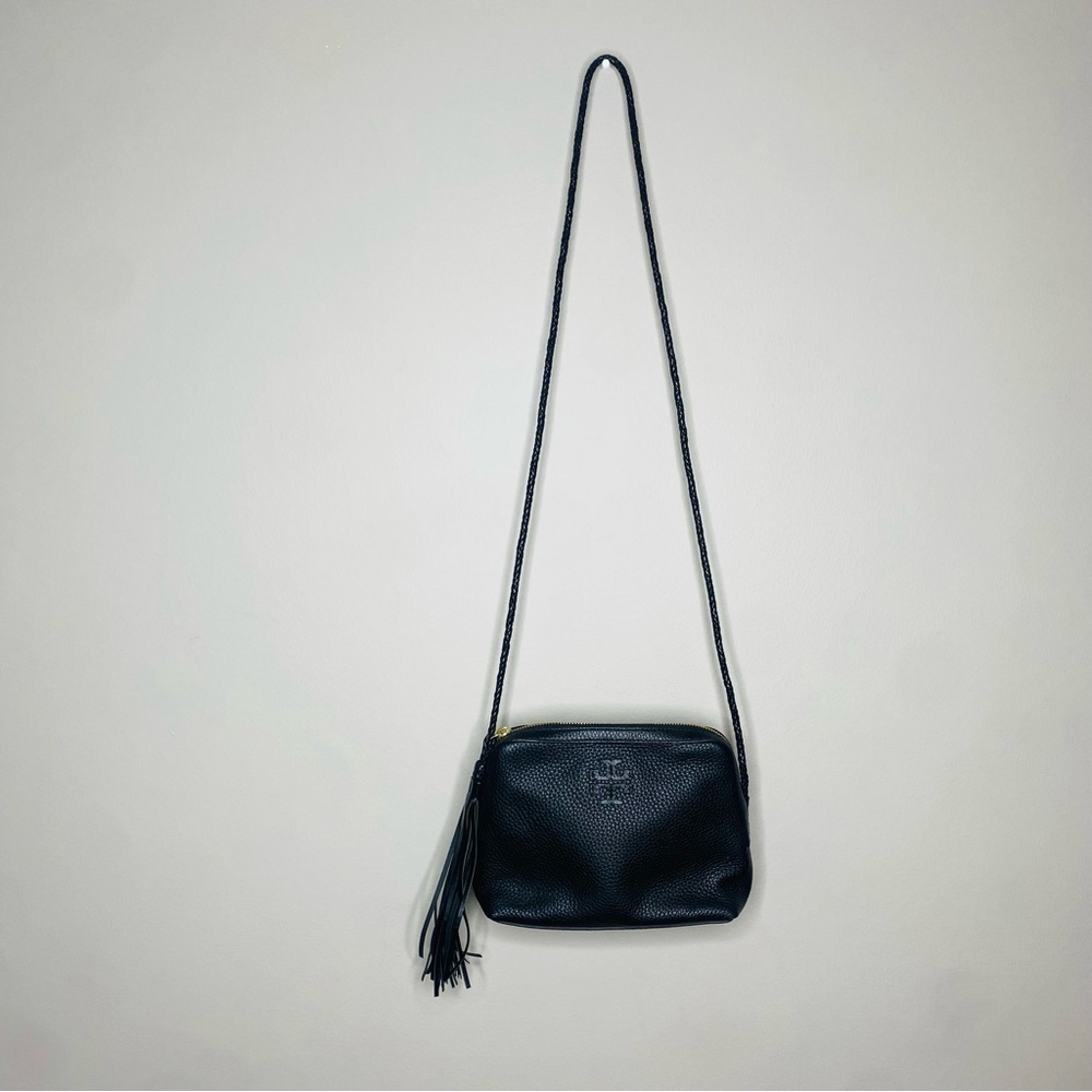 Tory Burch Black Leather Pebbled Crossbody Tassel Bag Purse - Picture 2 of 9